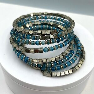 Vintage Blue Marbled Glass Beaded Wrap Bracelet Silver Tone Cube Memory Wire